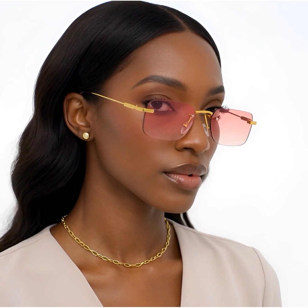 Pink Square Frameless Sunglasses Gold Metal Frame Gradient Tinted Lens Hippie